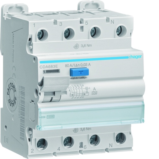 [CDA683E] Hager - Interrupteur Différentiel 3P 80A 30MA A (3X230V)