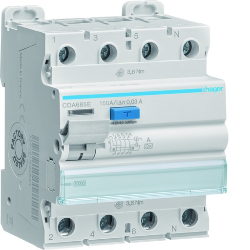 [CDA685E] Hager - INT DIFF. 3P100A 30MA A (3X230V)